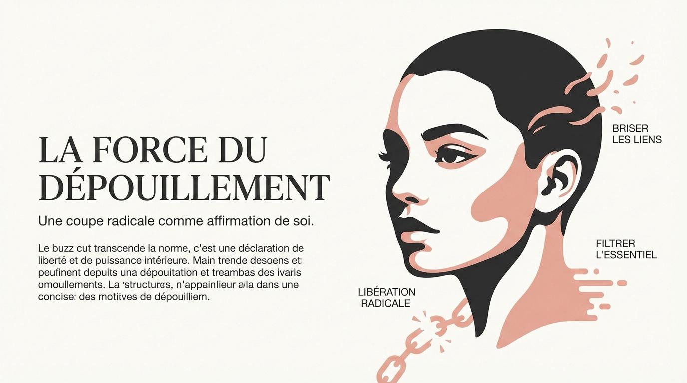 Femme arborant une buzz cut affirmée symbolisant l'émancipation et la force de caractère