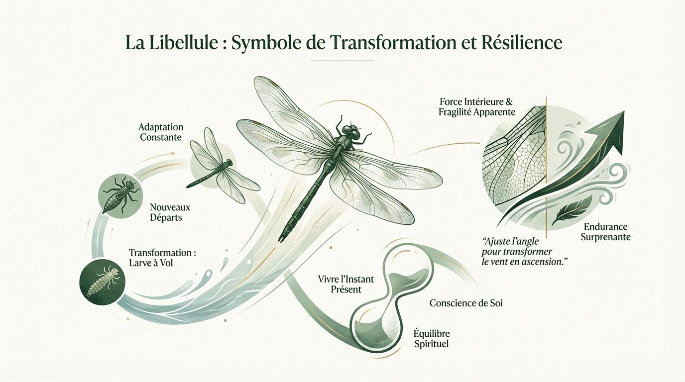 Tatouage de libellule stylisé symbolisant la transformation et le renouveau personnel