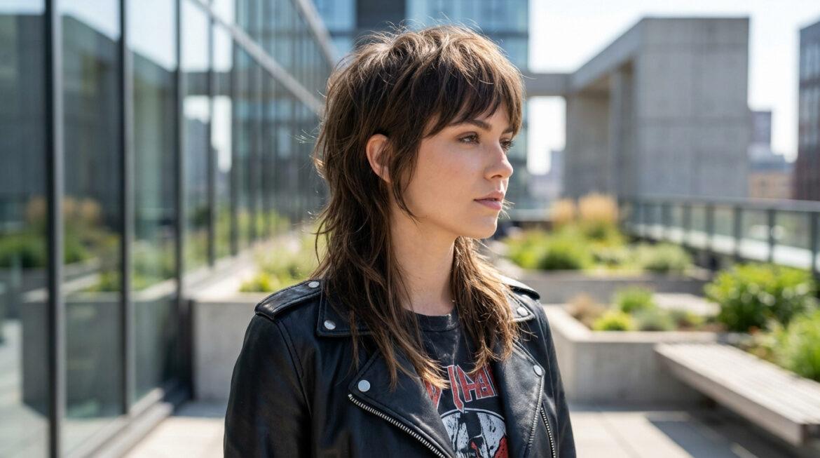Femme au profil avec une coupe mulet longue, vêtue d'un blouson en cuir noir, sur un toit-terrasse moderne.