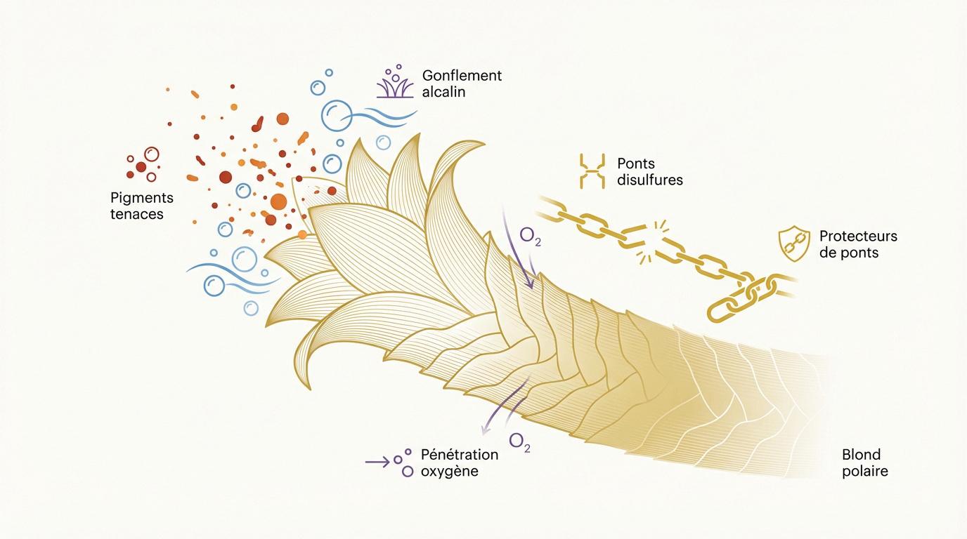 Processus chimique de décoloration pour obtenir un blond blanc polaire tout en protégeant la fibre capillaire