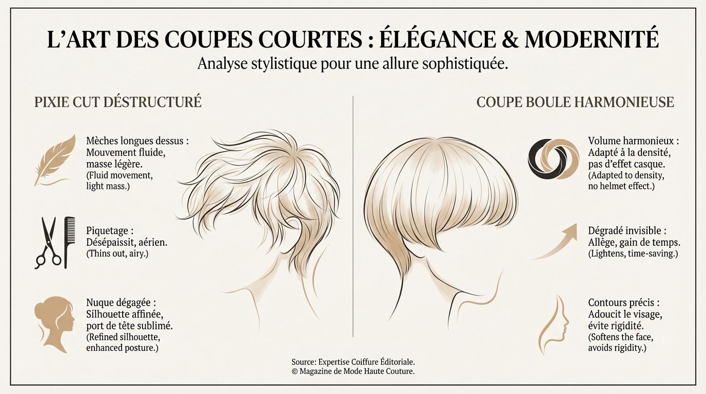 Femme élégante avec une coupe courte structurée mettant en valeur des cheveux épais