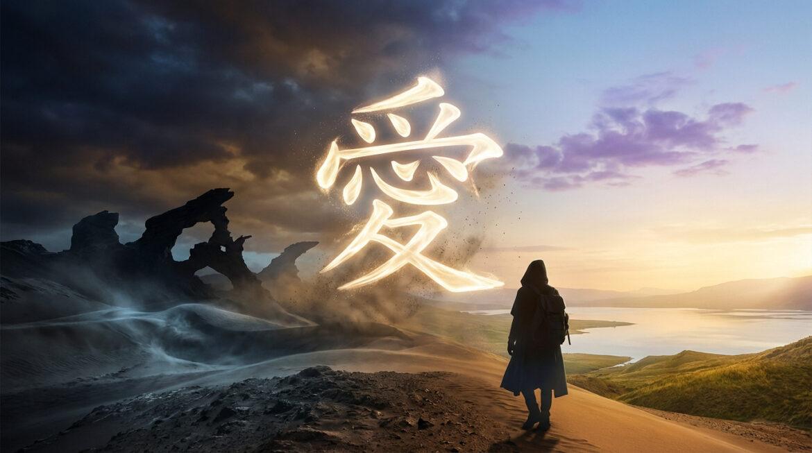 Personne encapuchonnée face à un kanji "amour" lumineux flottant entre un paysage désertique sombre et une vallée lumineuse au lever du soleil.