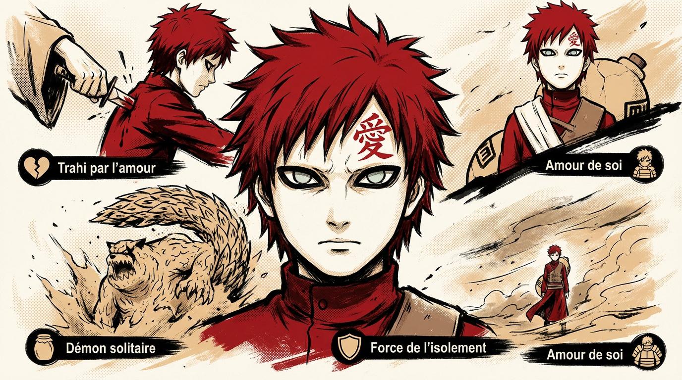 Gaara de Suna avec son tatouage de kanji sur le front symbolisant sa résilience