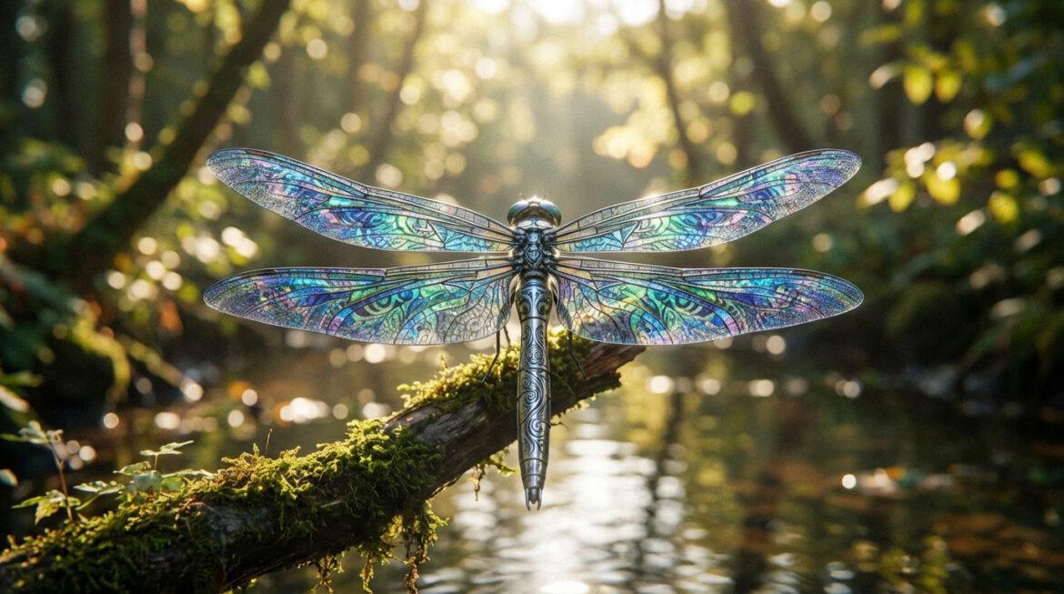 Gros plan d'une libellule ornementale aux ailes iridescentes bleues, vertes et violettes, perchée sur une branche moussue au-dessus de l'eau, avec un fond forestier ensoleillé.