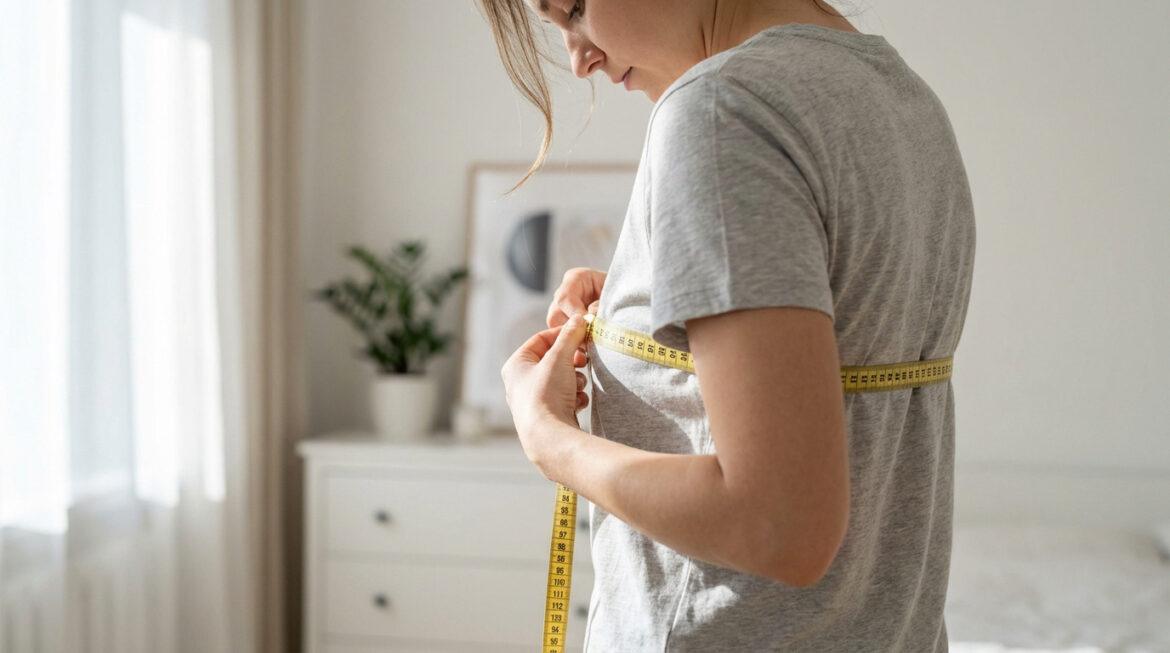 Femme mesurant son tour de poitrine avec un ruban jaune. Elle porte un t-shirt gris dans une pièce lumineuse et claire.