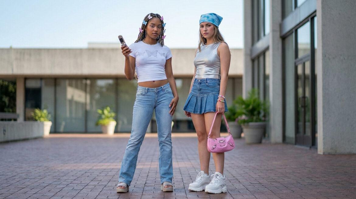 Deux jeunes femmes au look Y2K avec crop tops, jeans taille basse, mini-jupe, bandana et téléphone portable à clapet.