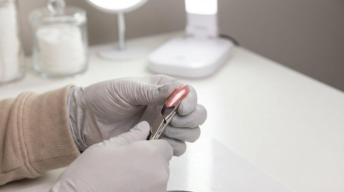 Une personne gantée utilise un outil de pinchage pour former une courbure en C sur un faux ongle rose scintillant.