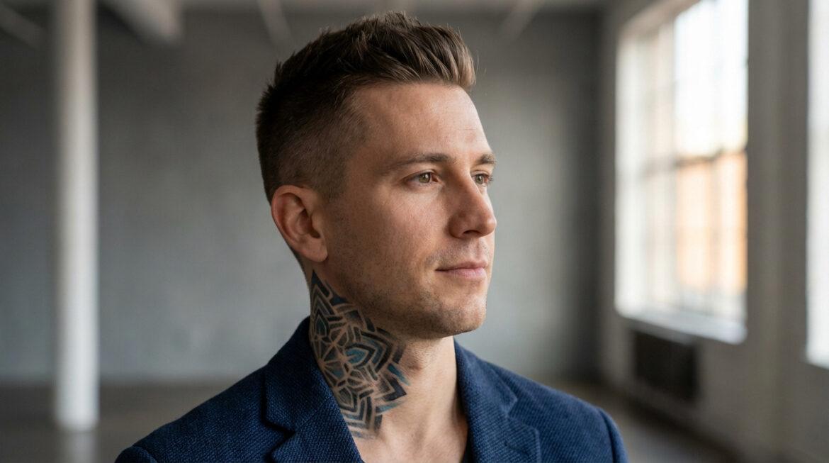 Gros plan sur un homme jeune au regard pensif avec un tatouage géométrique bleu et gris sur le cou, portant un blazer.
