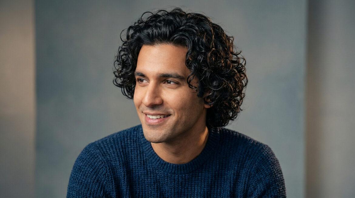 Portrait d'un homme souriant aux cheveux bouclés noirs, portant un pull bleu marine. Il illustre une coupe moderne et bien entretenue.