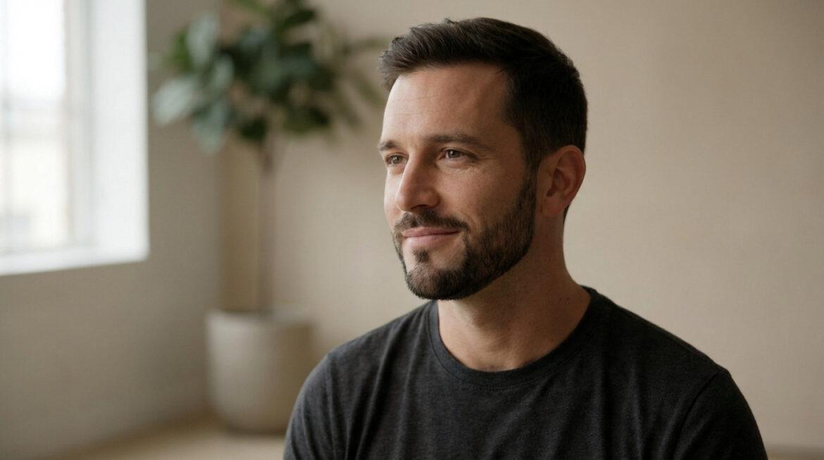 Portrait d'un homme souriant arborant un collier de barbe brun foncé et des cheveux courts, vêtu d'un t-shirt gris.