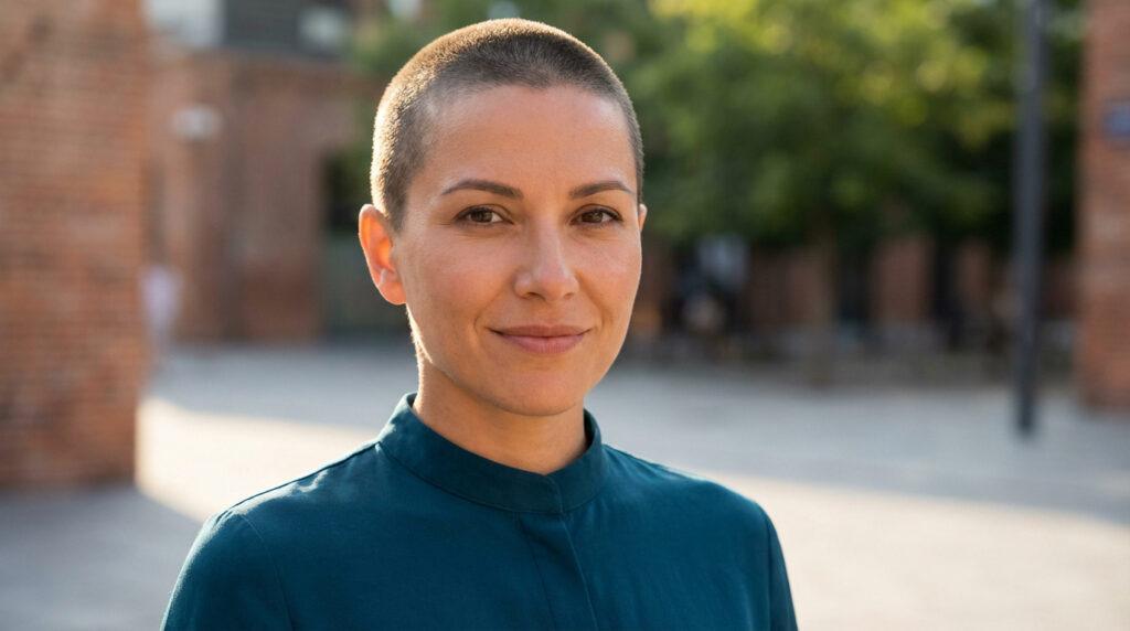 Portrait en gros plan d'une femme au buzz cut, souriant légèrement, vêtue d'une chemise bleu pétrole. Arrière-plan urbain flou.