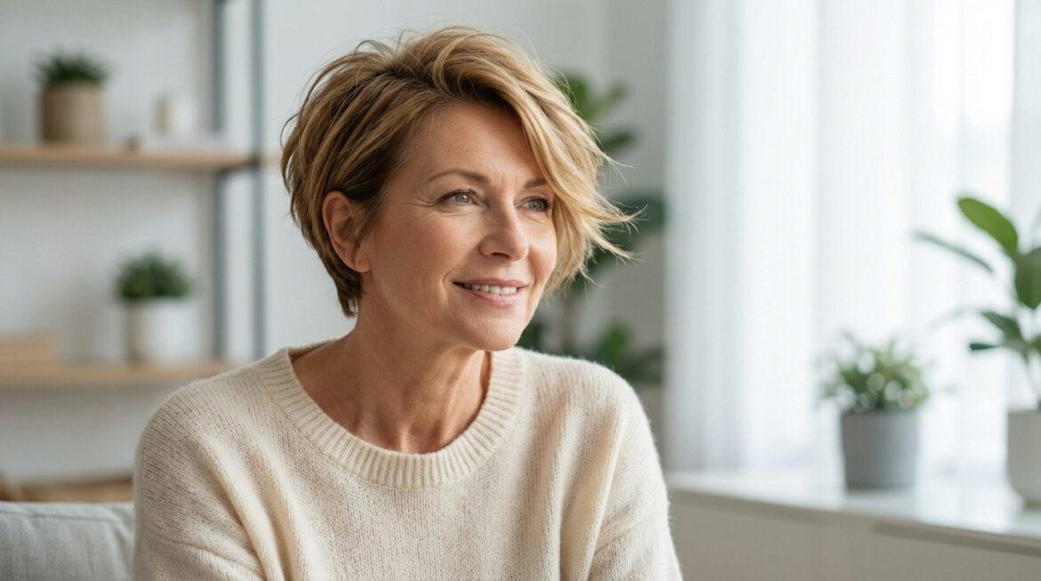 Femme d'environ 60 ans, souriante, avec une coupe courte blonde stylée et un pull crème, en intérieur lumineux.