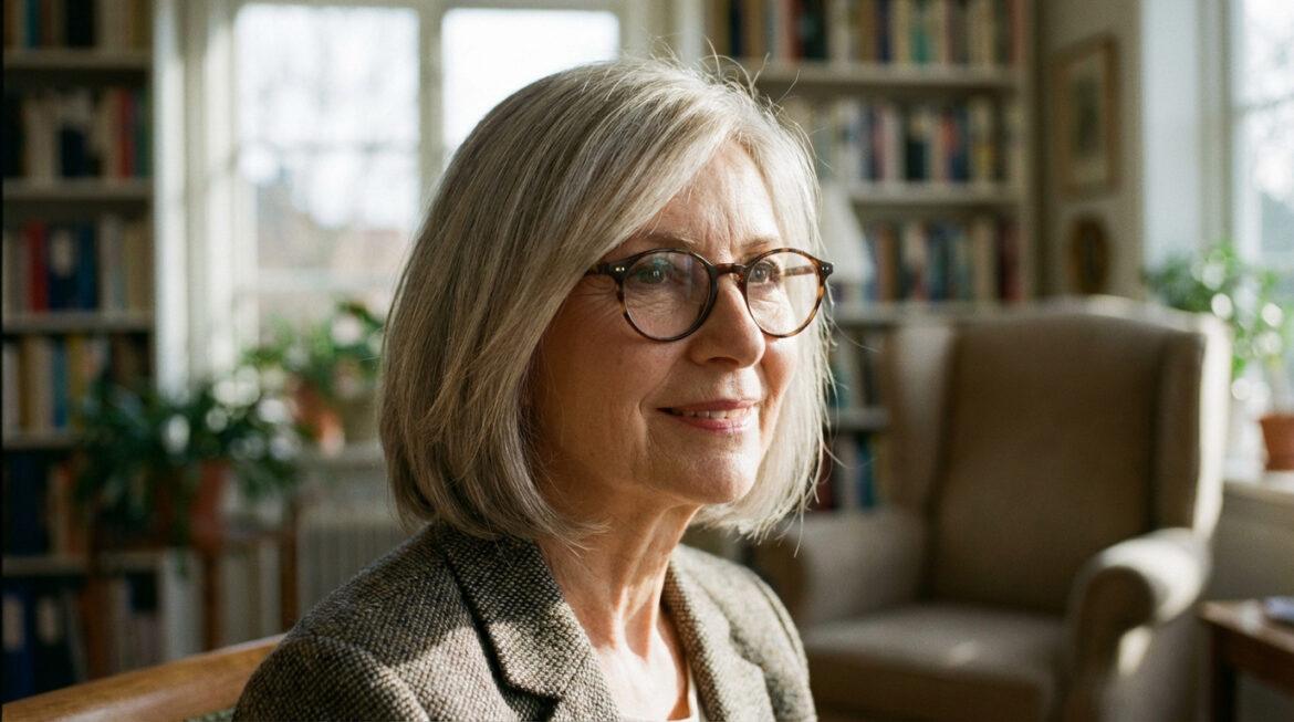 Portrait d'une femme âgée souriante aux cheveux gris coupés au carré, portant des lunettes rondes, assise près d'une bibliothèque.