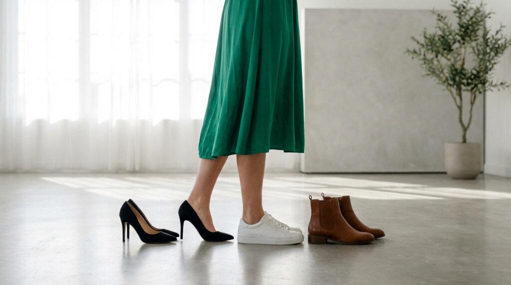 Une personne en robe verte choisit parmi une sneaker blanche, des escarpins noirs et des bottines marron.