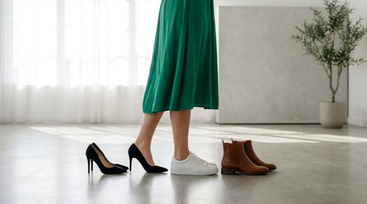 Une personne en robe verte choisit parmi une sneaker blanche, des escarpins noirs et des bottines marron.