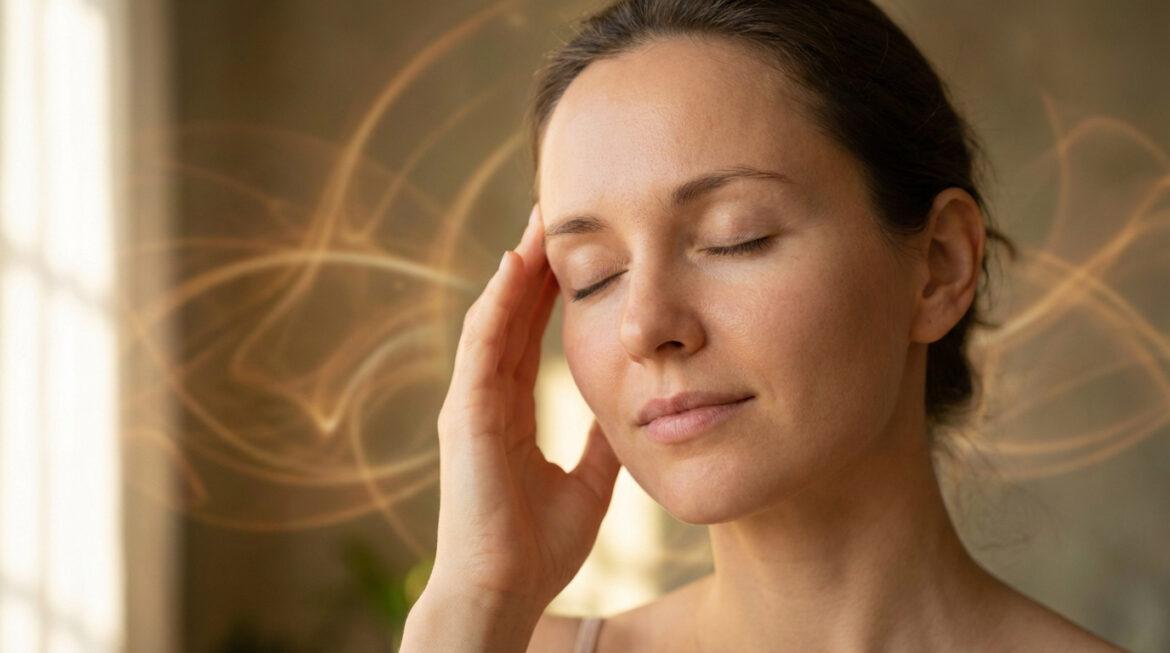 Femme aux yeux clos, main sur la tempe, entourée de lignes lumineuses, suggérant la concentration ou le soulagement du stress.