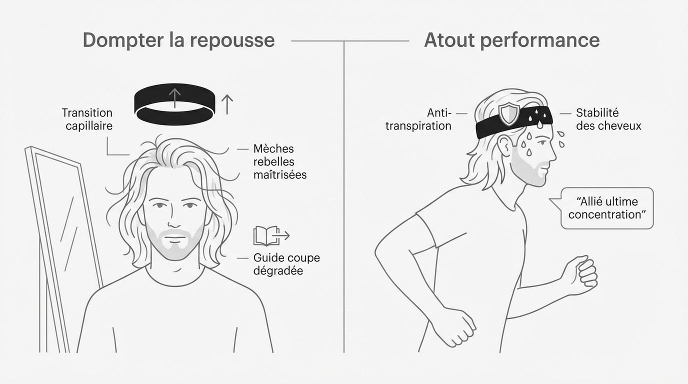 Homme sportif portant un serre-tête technique pour maintenir ses cheveux durant l'effort