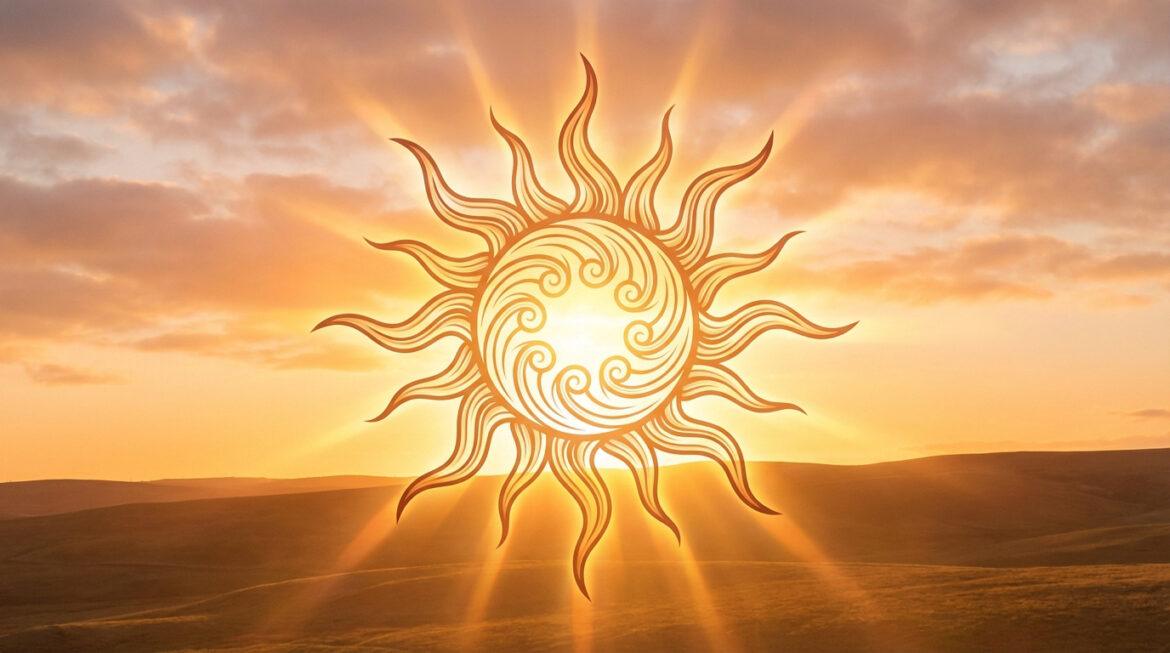 Soleil stylisé et orné de volutes, brillant sur un paysage de collines au coucher du soleil aux teintes dorées et orangées.