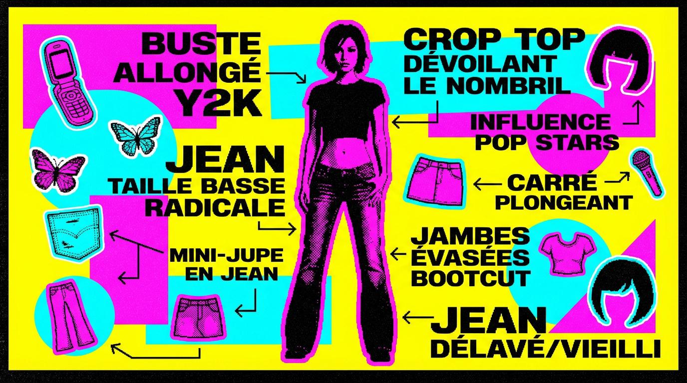 Femme portant un jean taille basse évasé et un crop top style années 2000