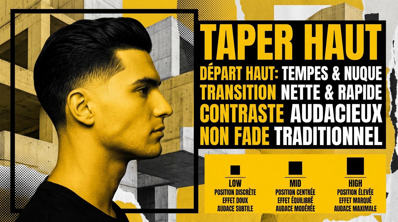Homme avec une coupe taper haut stylisée montrant le dégradé aux tempes