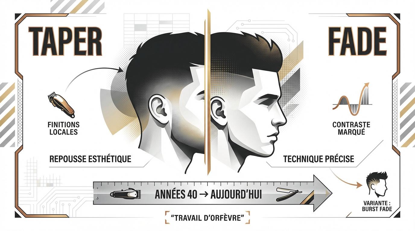 Comparaison visuelle entre une coupe taper et un dégradé fade pour homme