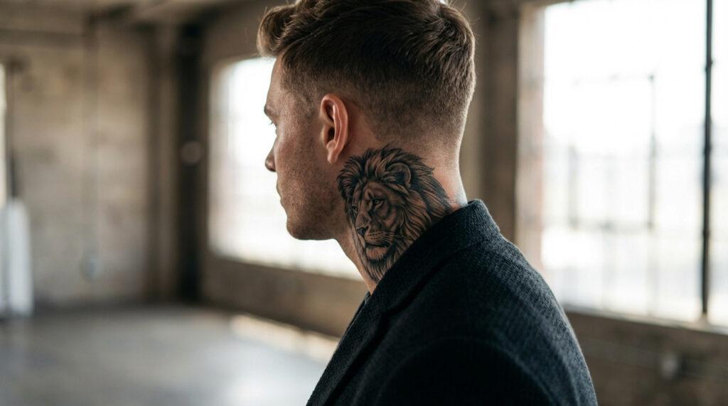 Profil d'un homme avec un tatouage détaillé de lion sur le cou, portant une veste sombre, intérieur lumineux.