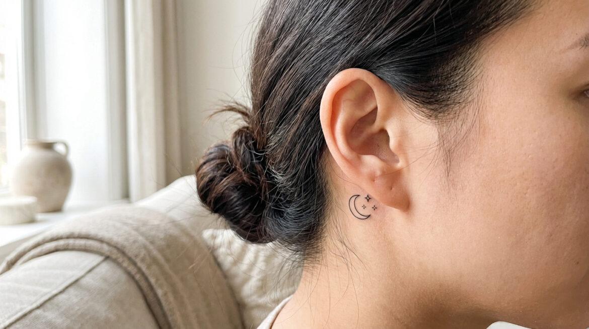 Gros plan sur le profil d'une femme montrant un petit tatouage lune et deux étoiles derrière l'oreille droite, cheveux attachés.