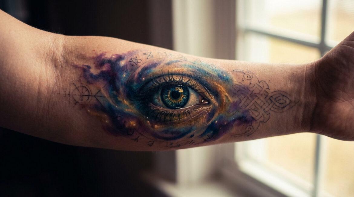 Tatouage détaillé d'un œil réaliste aux couleurs cosmiques (bleu, violet, or) sur l'avant-bras, avec motifs géométriques.