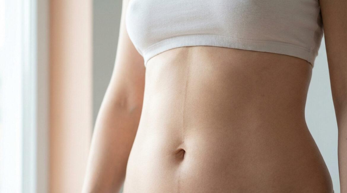 Ventre d'une femme montrant une ligne brune verticale, la linea nigra, en dessous d'un soutien-gorge de sport clair.