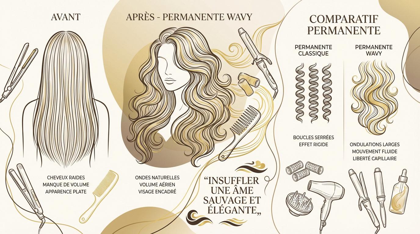 Comparaison avant après d'une permanente wavy montrant le gain de volume et de texture naturelle