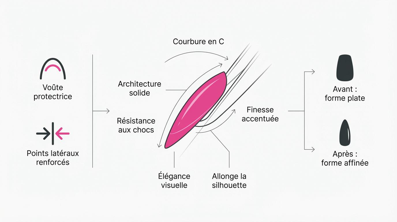 Transformation d'un ongle avec une courbure en C parfaite et une silhouette affinée grâce au pinchage