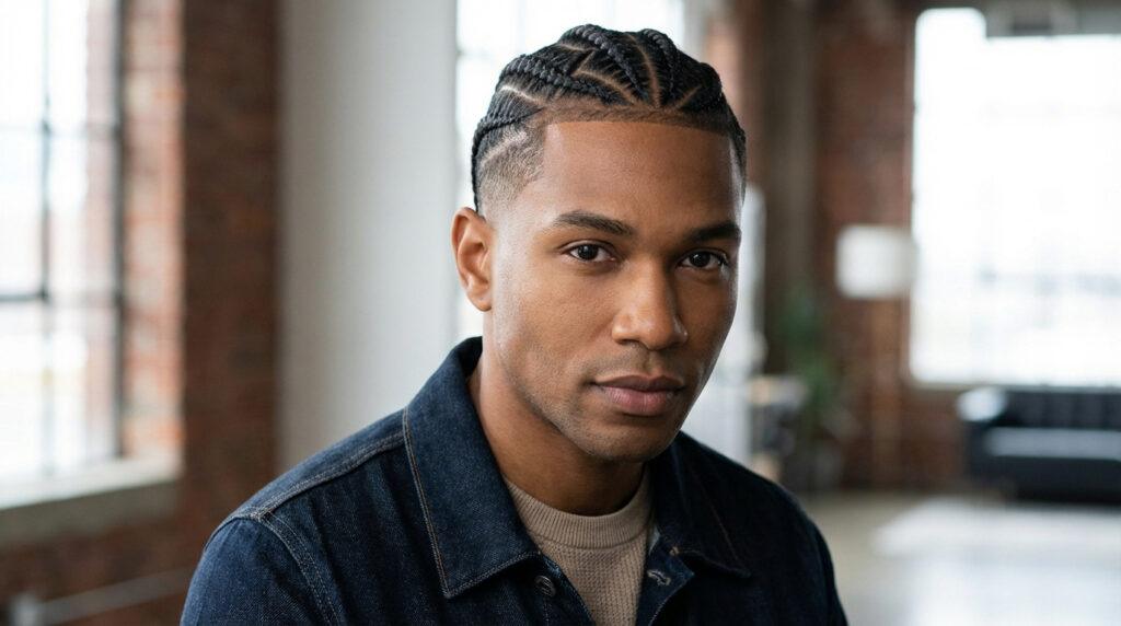 Jeune homme noir au regard direct, coiffure tresses collées avec motifs géométriques et dégradé soigné.