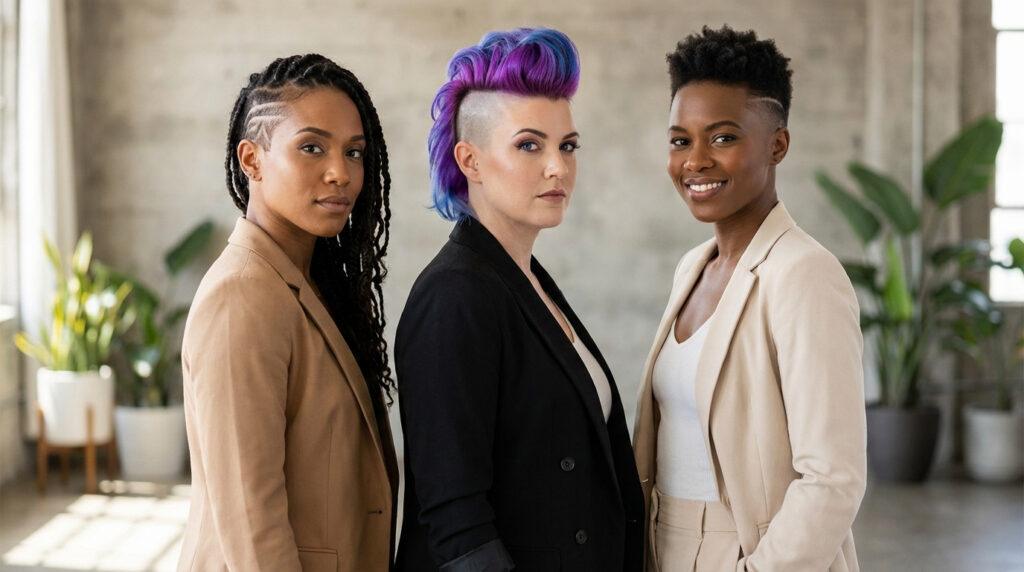 Trois femmes souriantes aux coupes rasées distinctes et vestes élégantes. Cheveux tressés, mohawk coloré, et coupe courte naturelle.