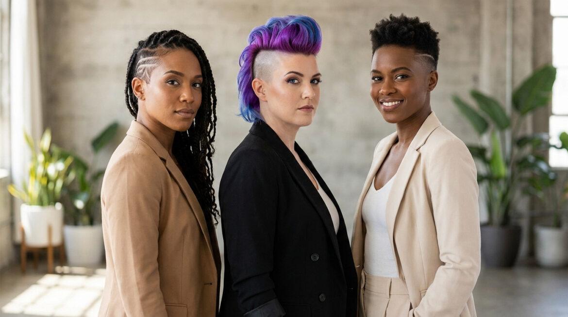 Trois femmes souriantes aux coupes rasées distinctes et vestes élégantes. Cheveux tressés, mohawk coloré, et coupe courte naturelle.