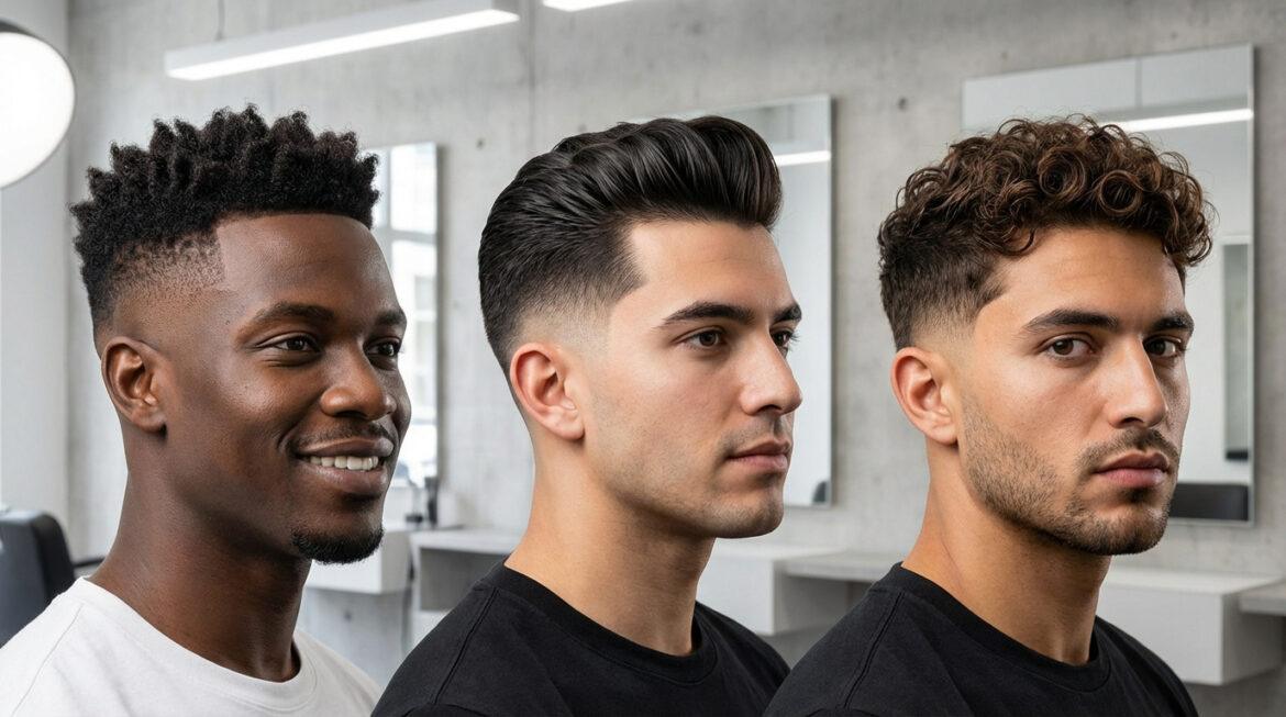 Trois hommes présentent différents dégradés capillaires : afro court, pompadour classique et boucles texturées. Ambiance salon de coiffure.