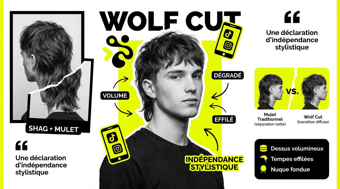 Homme portant une wolf cut texturée et volumineuse avec un dégradé moderne