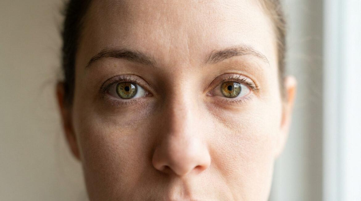 Gros plan frontal sur le visage d'une personne, mettant en évidence ses yeux hazel aux nuances de vert et de marron.