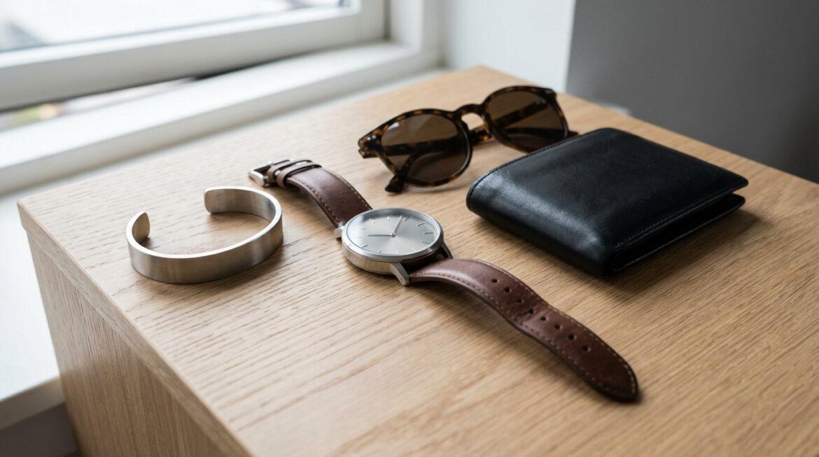 Accessoires homme : montre bracelet cuir, bracelet métal, lunettes écaille, portefeuille noir sur bois clair, près d'une fenêtre.