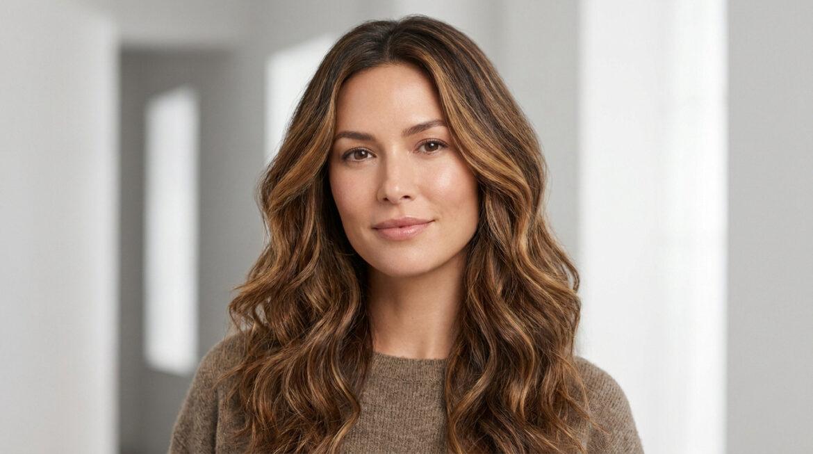 Portrait d'une femme souriante aux longs cheveux bruns ondulés avec des reflets caramel, illustrant le hair contouring.