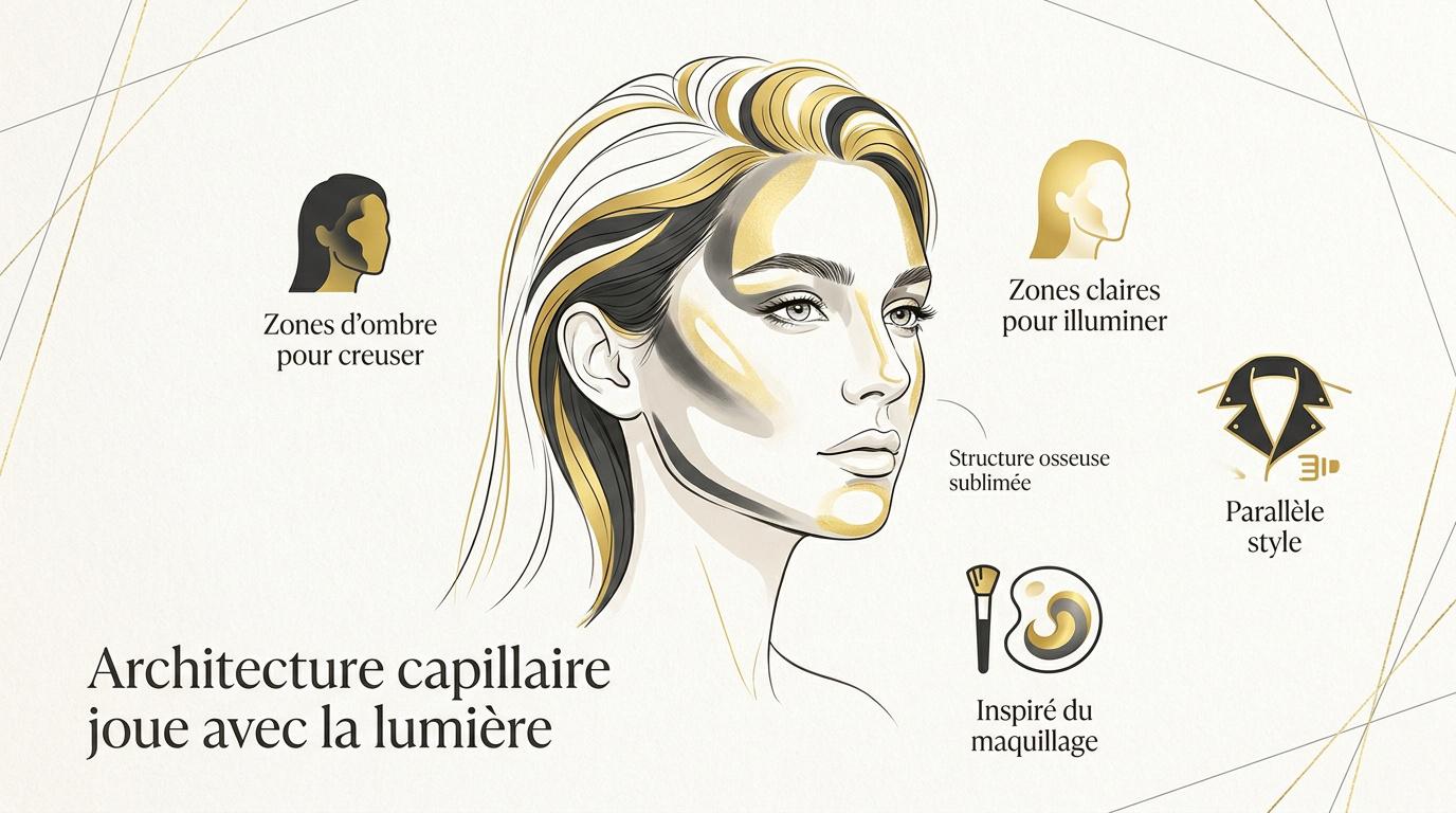 Illustration d'une architecture capillaire jouant sur les contrastes d'ombre et de lumière pour sculpter le visage