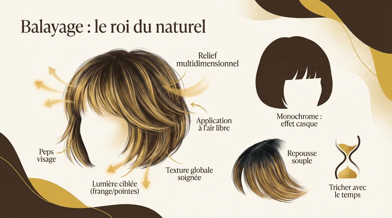 Femme avec un balayage lumineux sur une coupe courte structurée