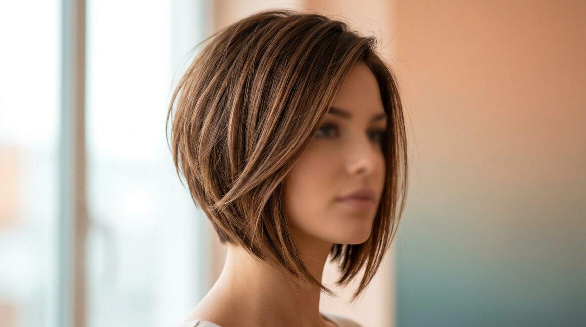 Femme au visage flou, présentant un carré plongeant court et texturé, aux mèches blondes et châtain clair, devant une fenêtre.