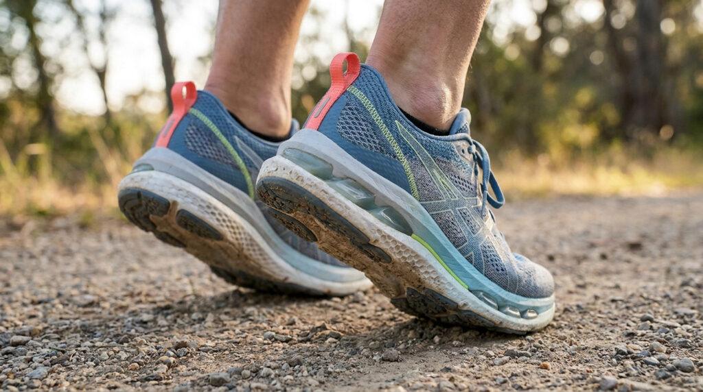 Gros plan sur des pieds chaussés de baskets de sport bleues et grises sur un sentier de gravier, fond flou d'arbres.