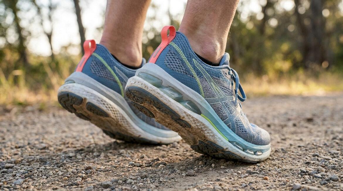 Gros plan sur des pieds chaussés de baskets de sport bleues et grises sur un sentier de gravier, fond flou d'arbres.
