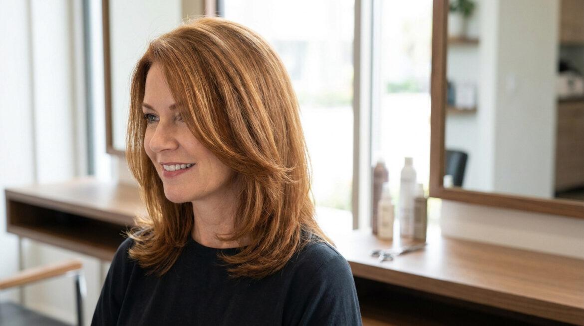 Femme aux cheveux roux mi-longs, dégradés, souriant légèrement dans un salon de coiffure. Son volume semble maîtrisé.