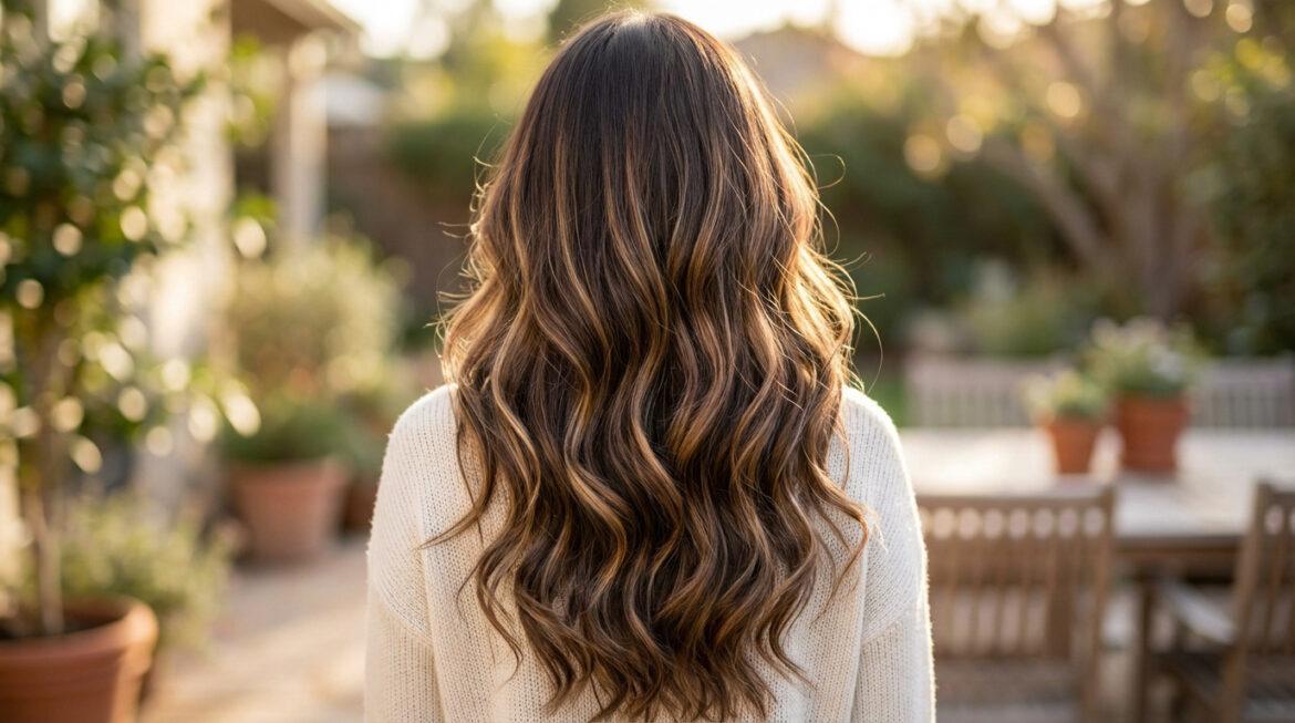 Dos d'une femme aux longs cheveux bruns ondulés avec balayage caramel, éclatant sous le soleil dans un jardin.