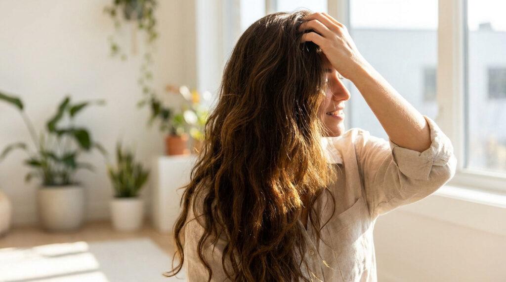 Jeune femme souriante, main dans ses longs cheveux ondulés bruns, baignée de lumière naturelle près d'une fenêtre.