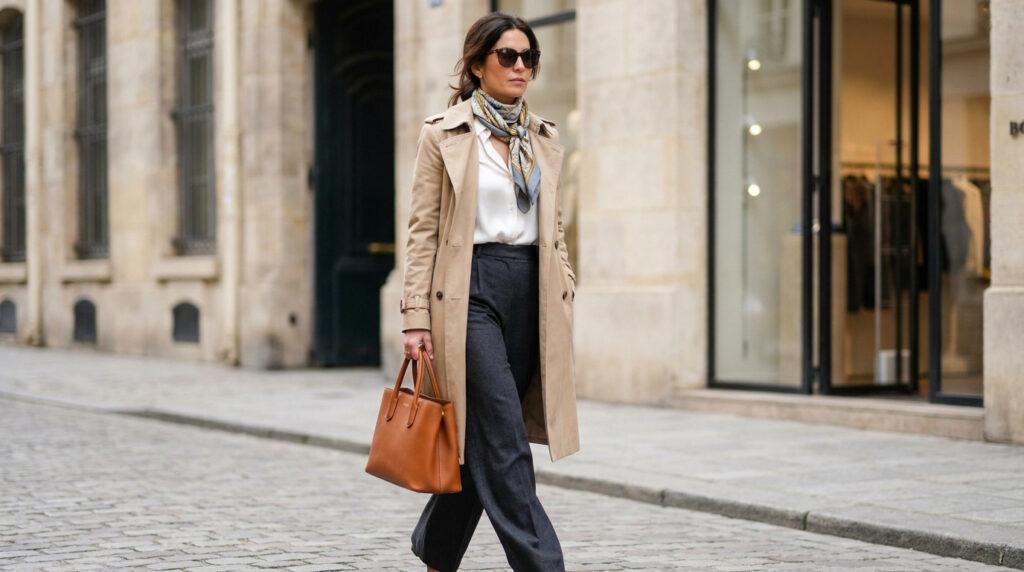 Femme élégante portant un trench beige, chemise blanche, pantalon gris, foulard et lunettes de soleil, avec sac marron sur rue pavée.