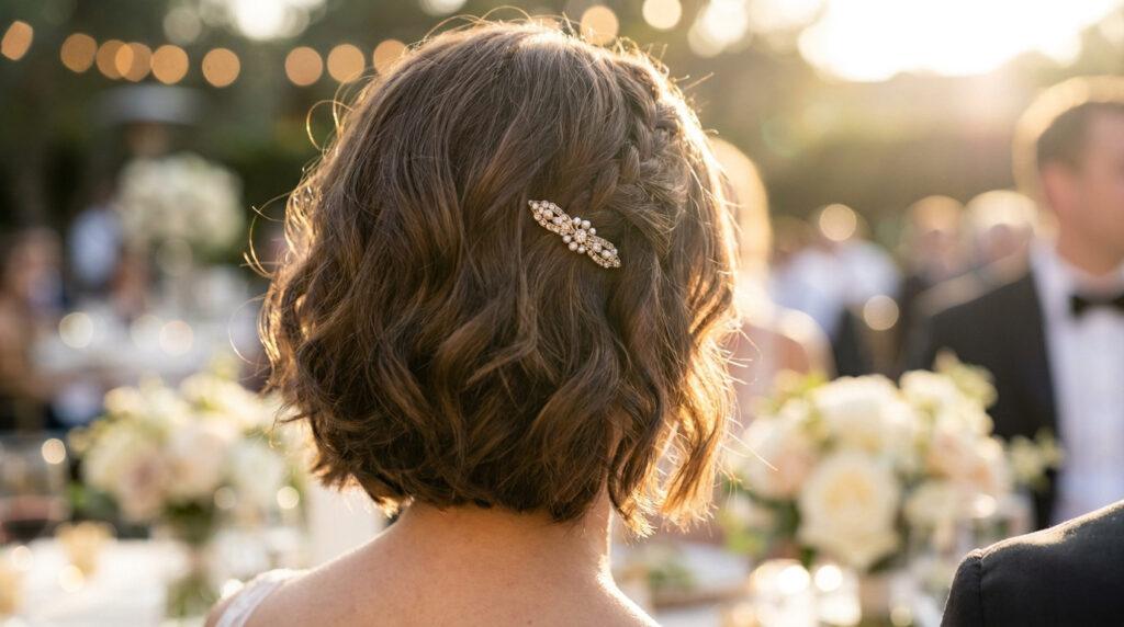 Vue de dos d'une femme avec coiffure mariage courte ondulée, tresse discrète et barrette ornée de perles et strass au coucher du soleil.
