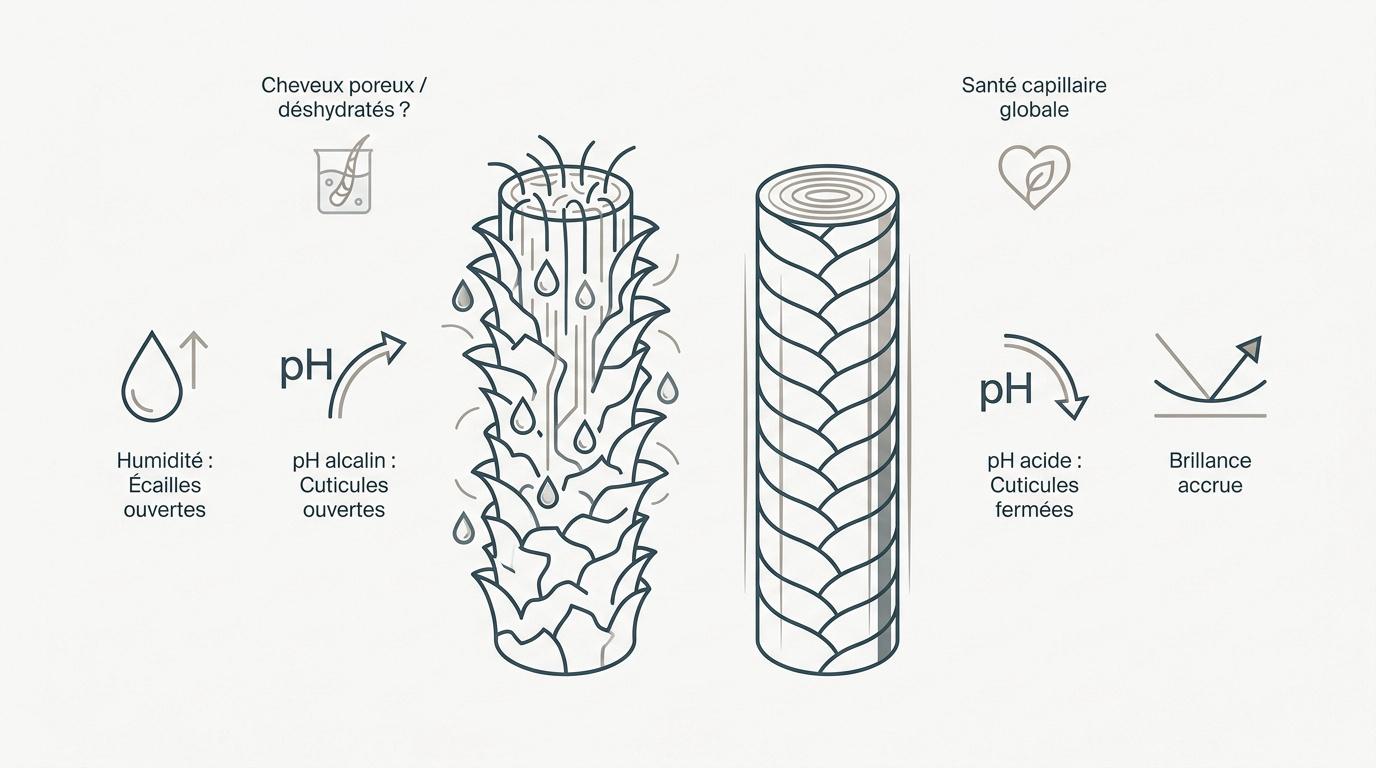Illustration des cuticules de cheveux et de l'effet de l'humidité sur la fibre capillaire